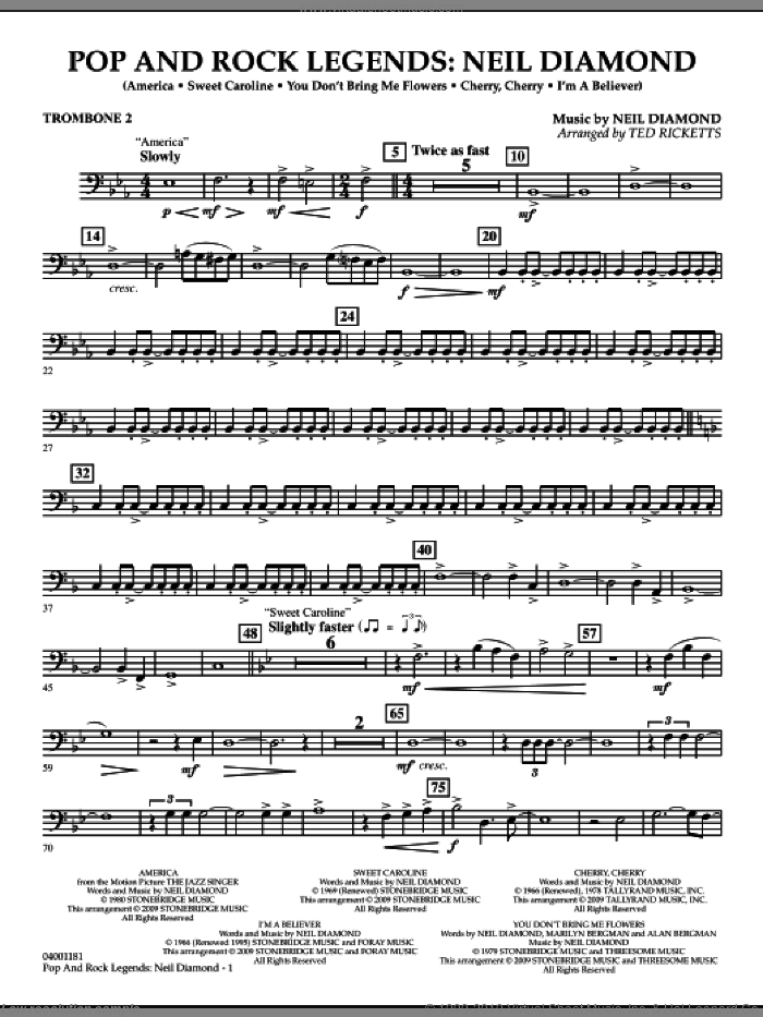 Pop and Rock Legends, neil diamond sheet music for concert band (trombone 2) by Neil Diamond and Ted Ricketts, intermediate skill level