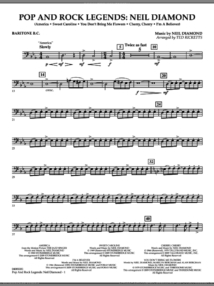 Pop and Rock Legends, neil diamond sheet music for concert band (baritone b.c.) by Neil Diamond and Ted Ricketts, intermediate skill level