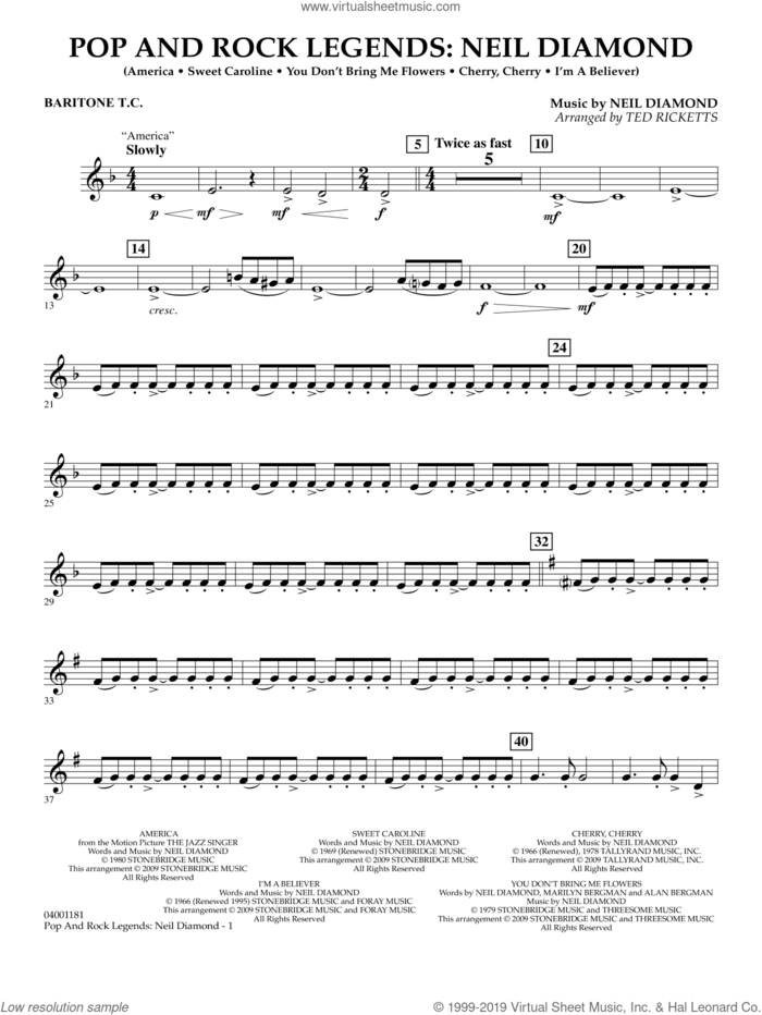Pop and Rock Legends, neil diamond sheet music for concert band (baritone t.c.) by Neil Diamond and Ted Ricketts, intermediate skill level