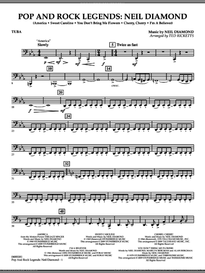 Pop and Rock Legends, neil diamond sheet music for concert band (tuba) by Neil Diamond and Ted Ricketts, intermediate skill level