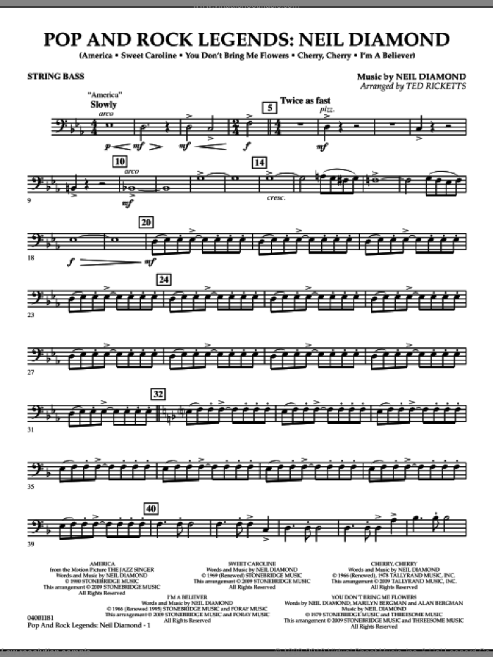 Pop and Rock Legends, neil diamond sheet music for concert band (string bass) by Neil Diamond and Ted Ricketts, intermediate skill level