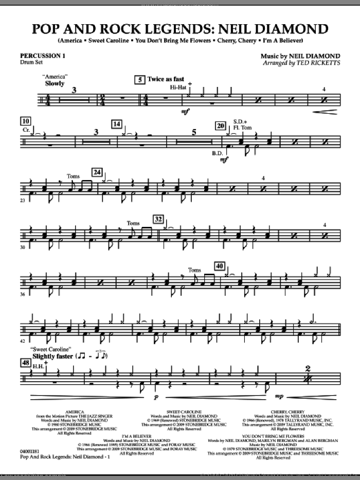 Pop and Rock Legends, neil diamond sheet music for concert band (percussion 1) by Neil Diamond and Ted Ricketts, intermediate skill level