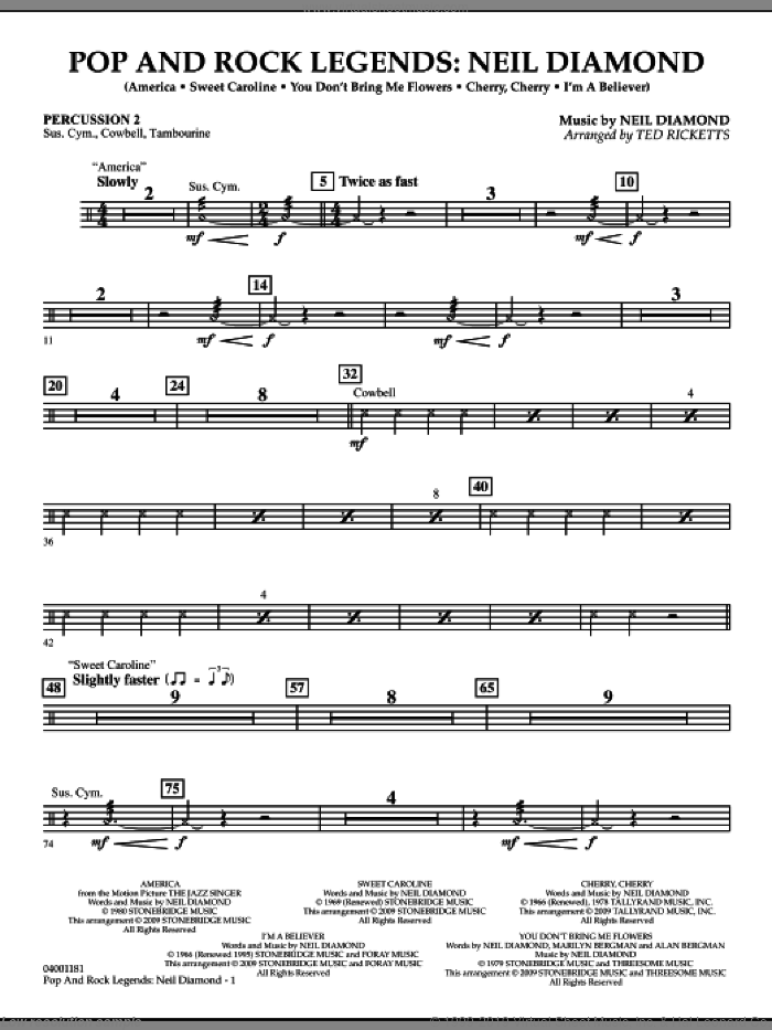 Pop and Rock Legends, neil diamond sheet music for concert band (percussion 2) by Neil Diamond and Ted Ricketts, intermediate skill level