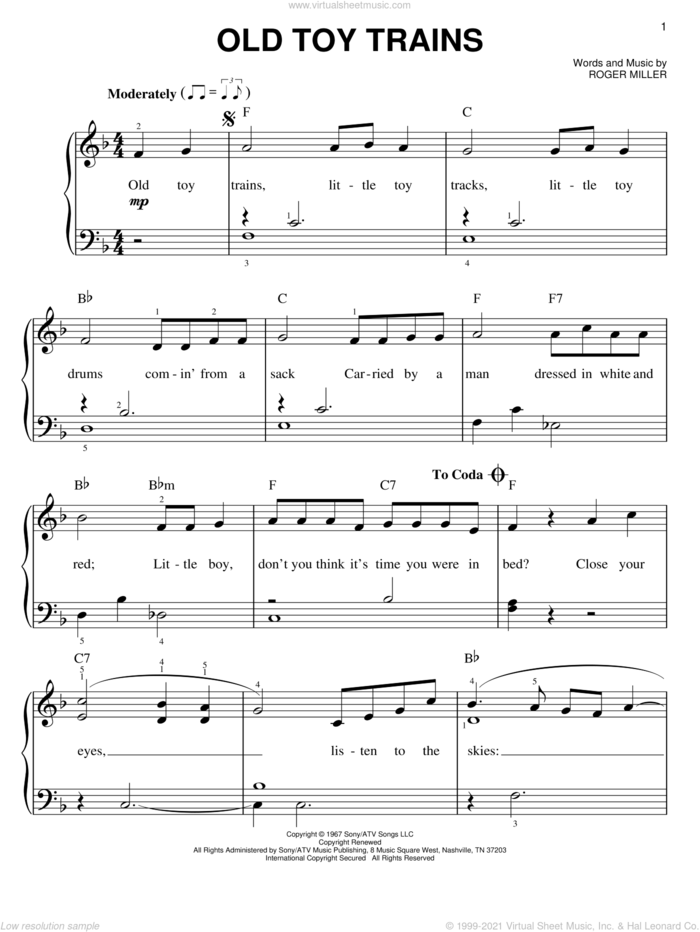 Old Toy Trains sheet music for piano solo by Roger Miller, easy skill level