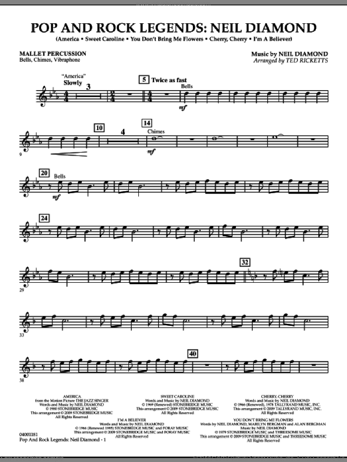 Pop and Rock Legends, neil diamond sheet music for concert band (mallet percussion) by Neil Diamond and Ted Ricketts, intermediate skill level