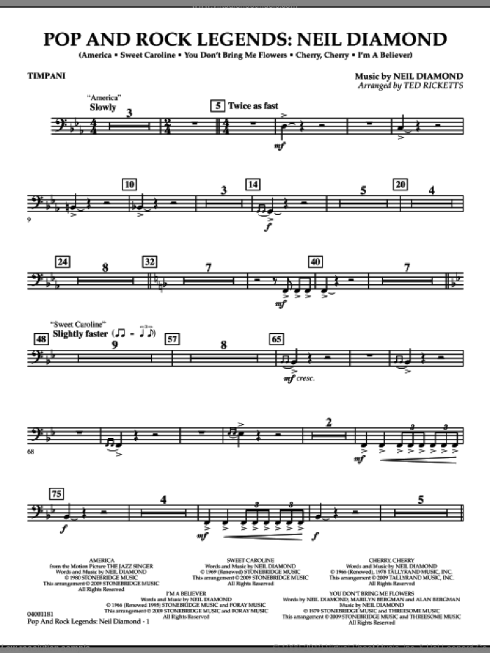 Pop and Rock Legends, neil diamond sheet music for concert band (timpani) by Neil Diamond and Ted Ricketts, intermediate skill level
