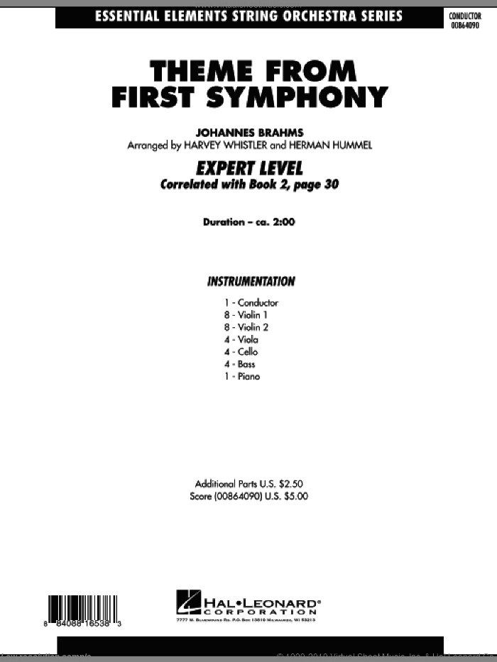 Theme from First Symphony (COMPLETE) sheet music for orchestra by Johannes Brahms, Harvey Whistler and Herman Hummel, classical score, intermediate skill level