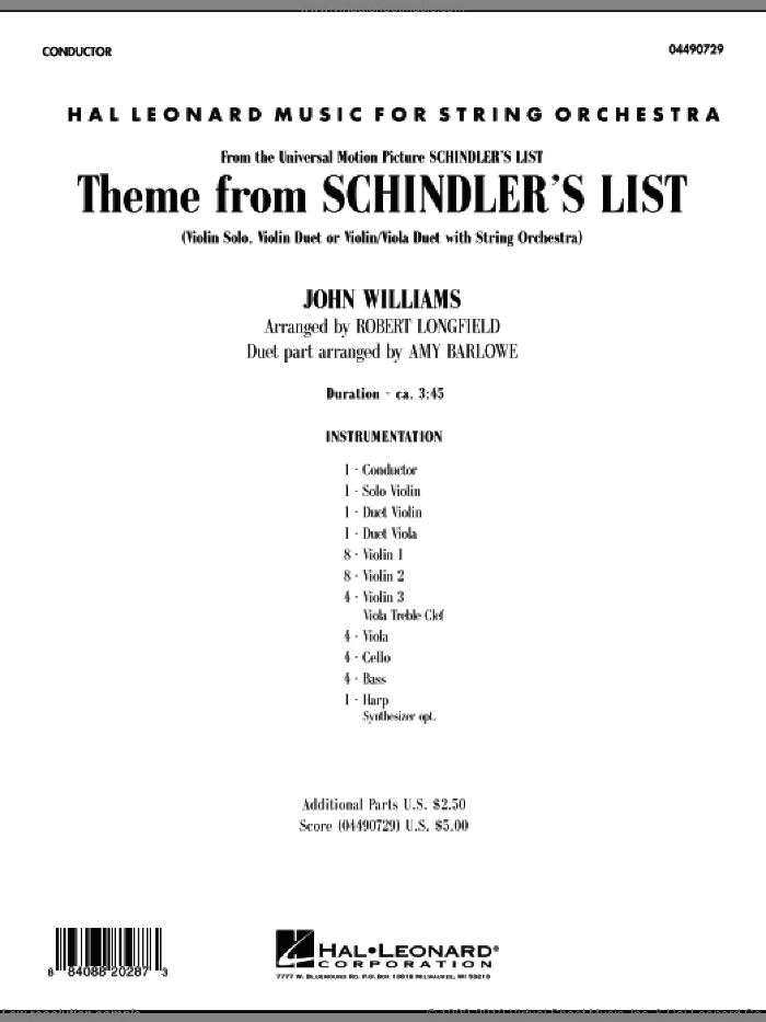 Theme from Schindler's List (COMPLETE) sheet music for orchestra by John Williams, Amy Barlowe and Robert Longfield, intermediate duet