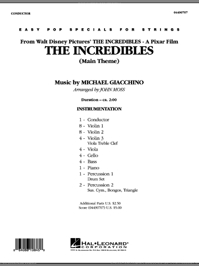 The Incredibles (COMPLETE) sheet music for orchestra by Michael Giacchino and John Moss, intermediate skill level