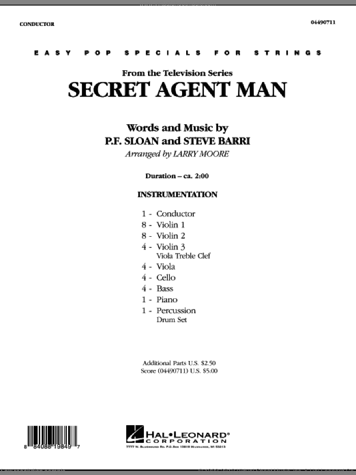 Secret Agent Man (COMPLETE) sheet music for orchestra by Steve Barri, P.F. Sloan and Larry Moore, intermediate skill level