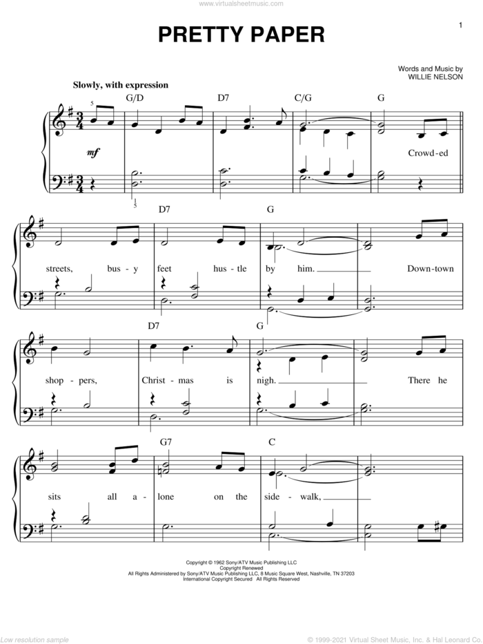 Pretty Paper sheet music for piano solo by Willie Nelson and Roy Orbison, easy skill level