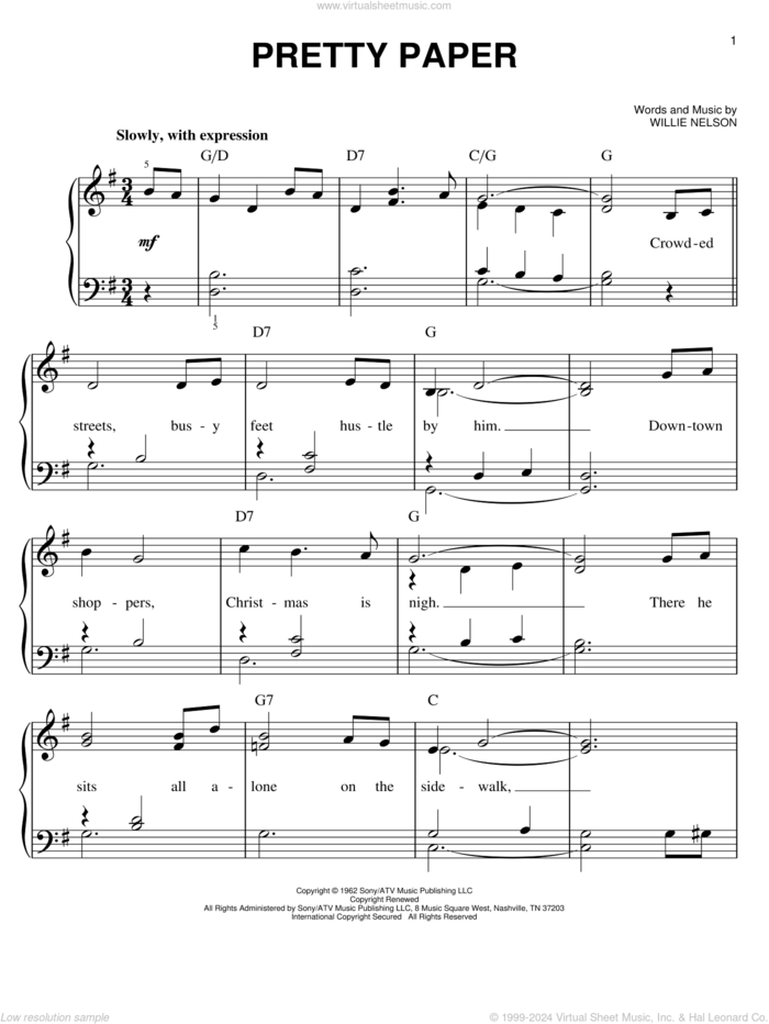 Pretty Paper sheet music for piano solo by Willie Nelson and Roy Orbison, easy skill level