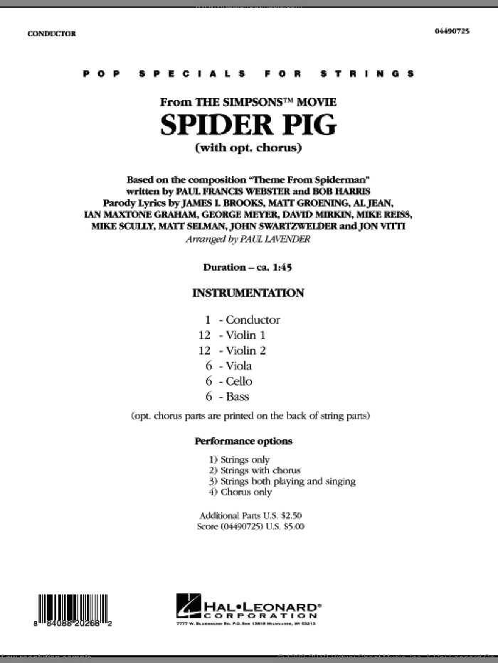 Spider Pig (from The Simpsons) (COMPLETE) sheet music for orchestra by Paul Lavender, intermediate skill level