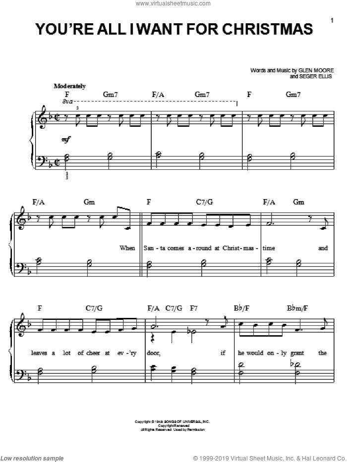 You're All I Want For Christmas sheet music for piano solo by Brook Benton, Al Martino, Bing Crosby, Glen Moore and Seger Ellis, easy skill level