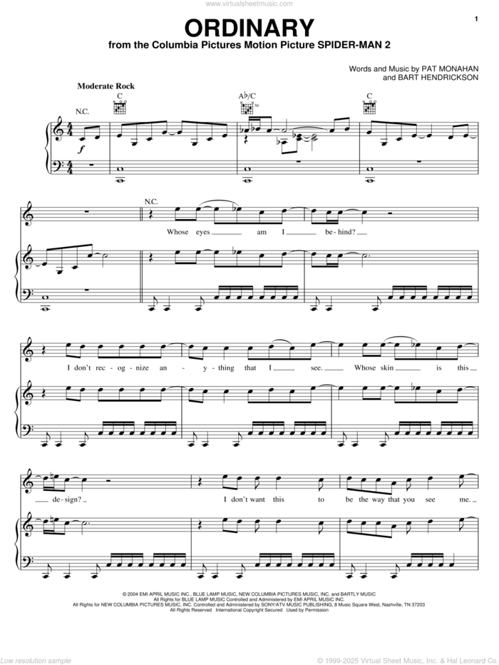 Ordinary (from Spider-Man 2) sheet music for voice, piano or guitar by Train, Bart Hendrickson and Pat Monahan, intermediate skill level