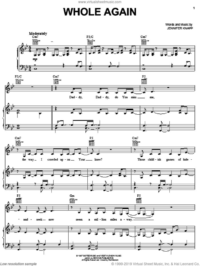 Whole Again sheet music for voice, piano or guitar by Jennifer Knapp, intermediate skill level