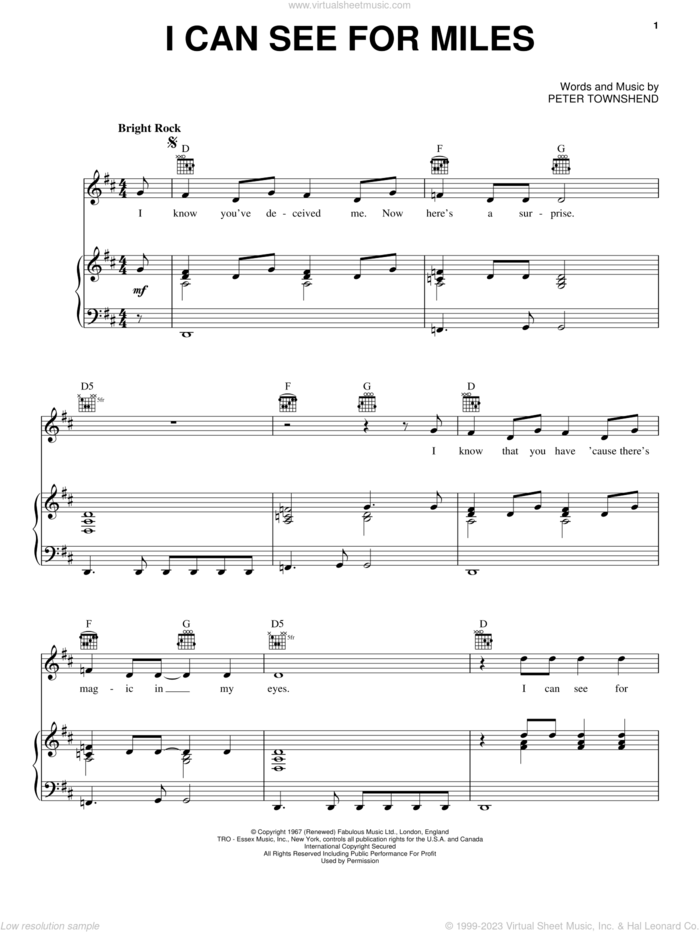 I Can See For Miles sheet music for voice, piano or guitar by The Who and Pete Townshend, intermediate skill level