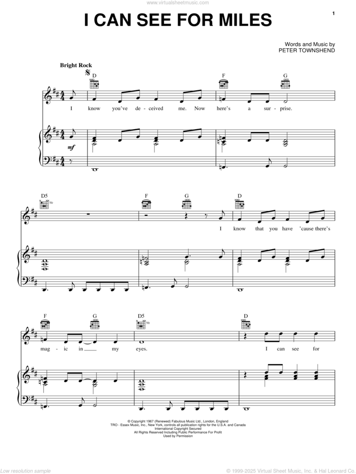 I Can See For Miles sheet music for voice, piano or guitar by The Who and Pete Townshend, intermediate skill level