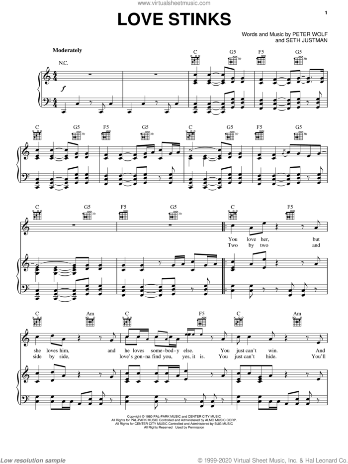 Love Stinks sheet music for voice, piano or guitar by J. Geils Band, Peter Wolf and Seth Justman, intermediate skill level