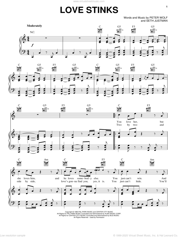 Love Stinks sheet music for voice, piano or guitar by J. Geils Band, Peter Wolf and Seth Justman, intermediate skill level