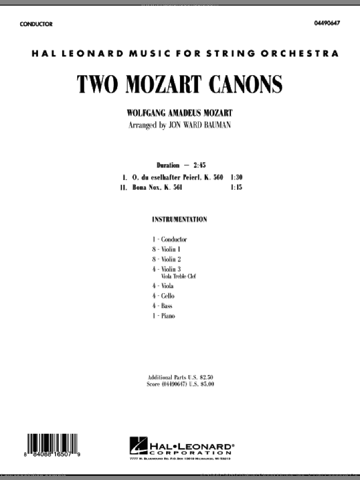 Two Mozart Canons (COMPLETE) sheet music for orchestra by Wolfgang Amadeus Mozart and Jon Ward Bauman, classical score, intermediate skill level
