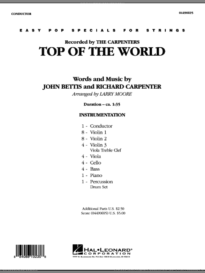 Top of the World (COMPLETE) sheet music for orchestra by Richard Carpenter, John Bettis, Carpenters and Larry Moore, intermediate skill level
