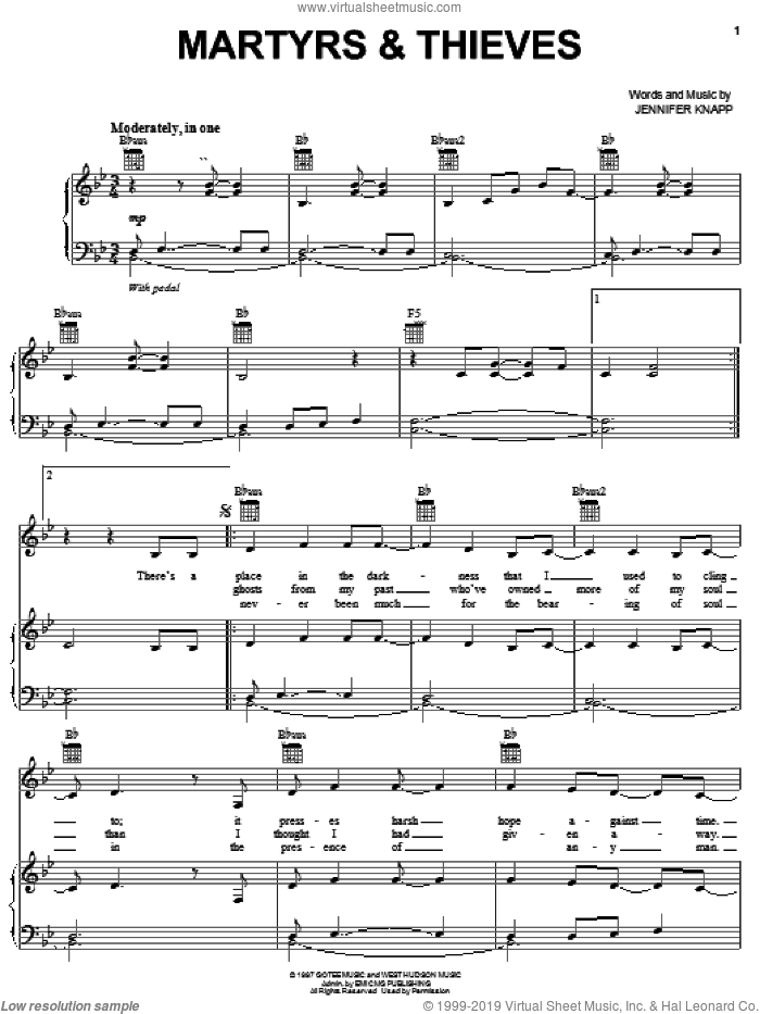Martyrs and Thieves sheet music for voice, piano or guitar by Jennifer Knapp, intermediate skill level