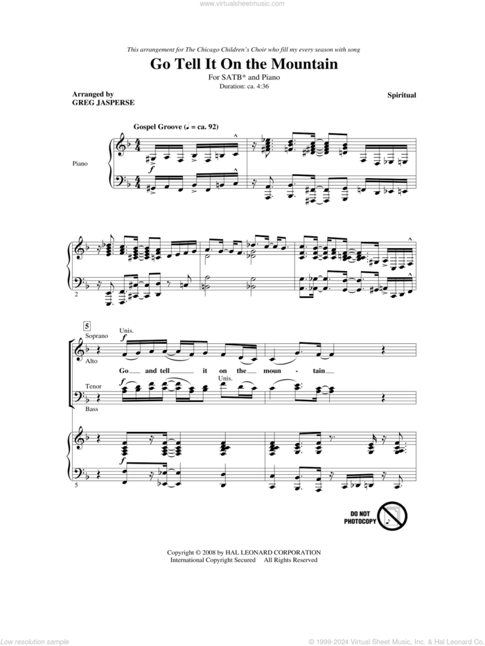 Go, Tell It On The Mountain sheet music for choir (SATB: soprano, alto, tenor, bass) by Greg Jasperse, Jerry Rubino and Miscellaneous, intermediate skill level