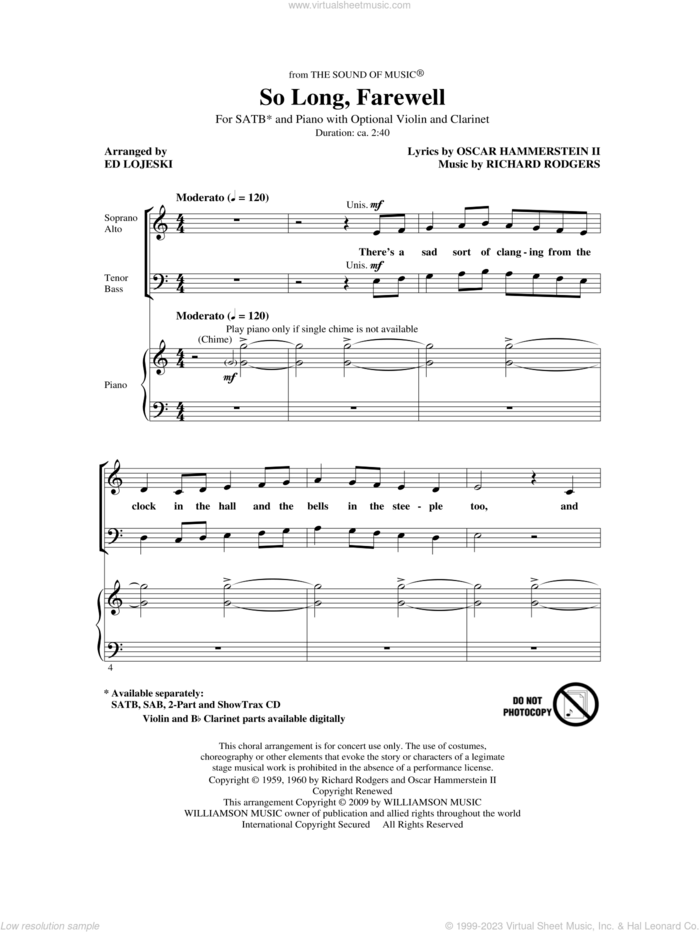 So Long, Farewell (from The Sound Of Music) sheet music for choir (SATB: soprano, alto, tenor, bass) by Richard Rodgers, Oscar II Hammerstein and Ed Lojeski, intermediate skill level