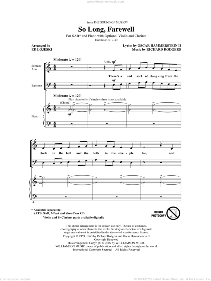 So Long, Farewell (from The Sound Of Music) sheet music for choir (SAB: soprano, alto, bass) by Richard Rodgers, Oscar II Hammerstein and Ed Lojeski, intermediate skill level