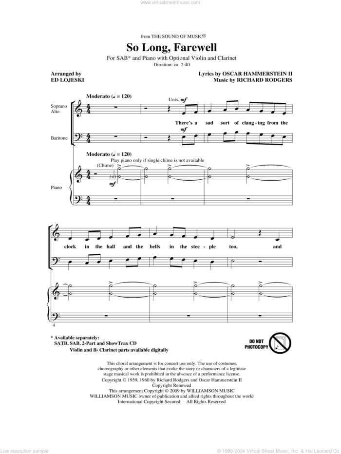 So Long, Farewell (from The Sound Of Music) sheet music for choir (SAB: soprano, alto, bass) by Richard Rodgers, Oscar II Hammerstein and Ed Lojeski, intermediate skill level