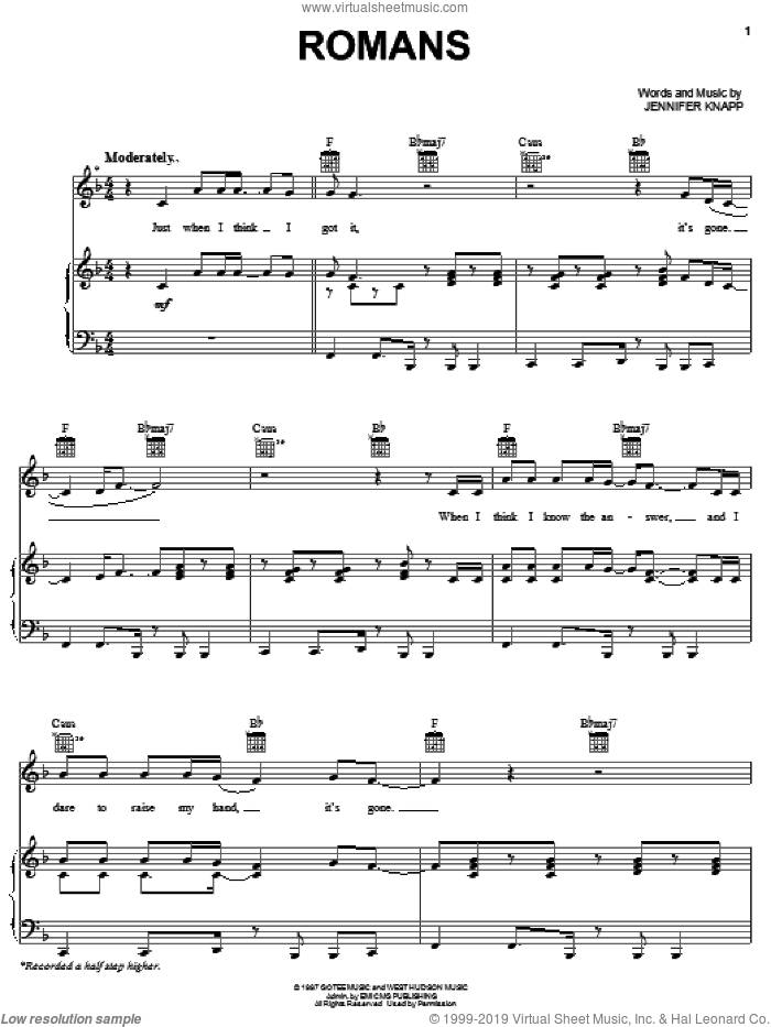 Romans sheet music for voice, piano or guitar by Jennifer Knapp, intermediate skill level