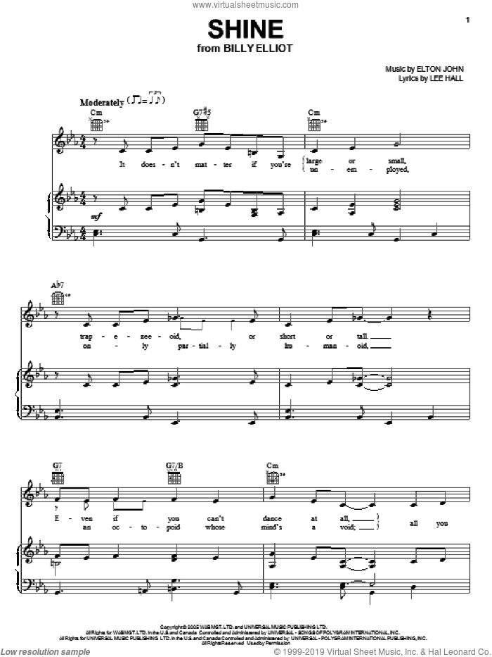 Shine sheet music for voice, piano or guitar by Elton John, Billy Elliot (Musical) and Lee Hall, intermediate skill level