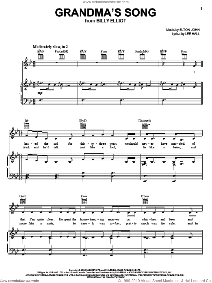 Grandma's Song sheet music for voice, piano or guitar by Elton John, Billy Elliot (Musical) and Lee Hall, intermediate skill level