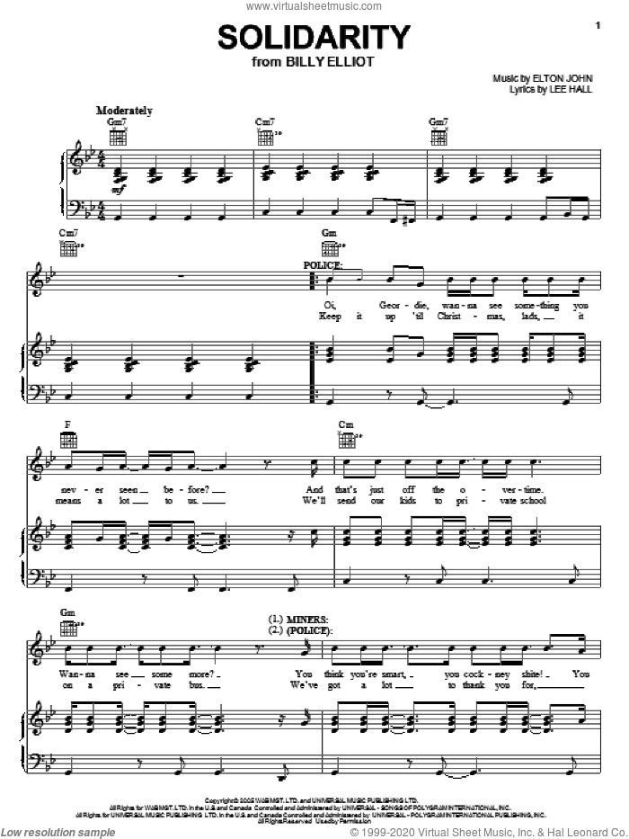 Solidarity sheet music for voice, piano or guitar by Elton John, Billy Elliot (Musical) and Lee Hall, intermediate skill level