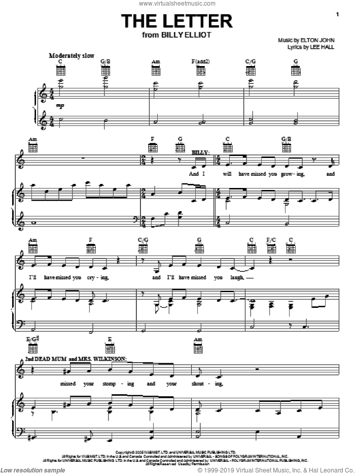 The Letter sheet music for voice, piano or guitar by Elton John, Billy Elliot (Musical) and Lee Hall, intermediate skill level
