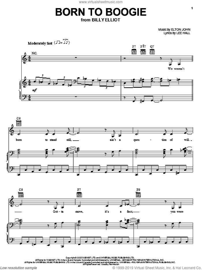 Born To Boogie sheet music for voice, piano or guitar by Elton John, Billy Elliot (Musical) and Lee Hall, intermediate skill level