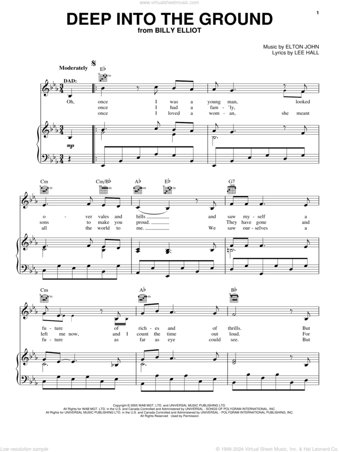 Deep Into The Ground sheet music for voice, piano or guitar by Elton John, Billy Elliot (Musical) and Lee Hall, intermediate skill level