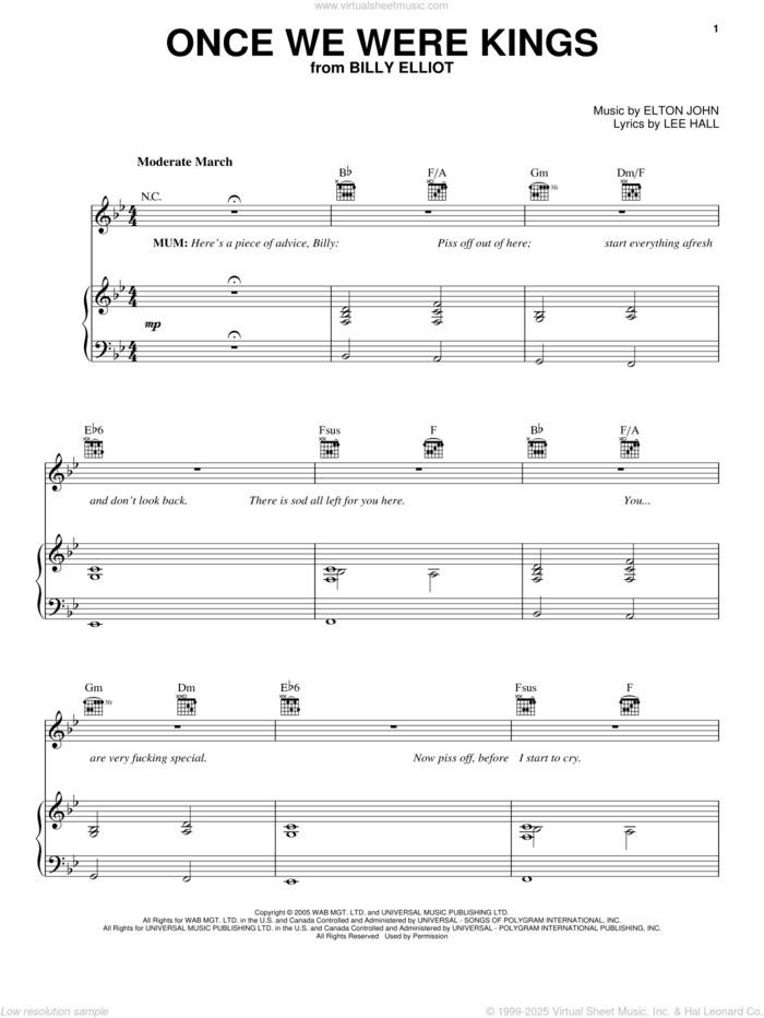 Once We Were Kings sheet music for voice, piano or guitar by Elton John, Billy Elliot (Musical) and Lee Hall, intermediate skill level