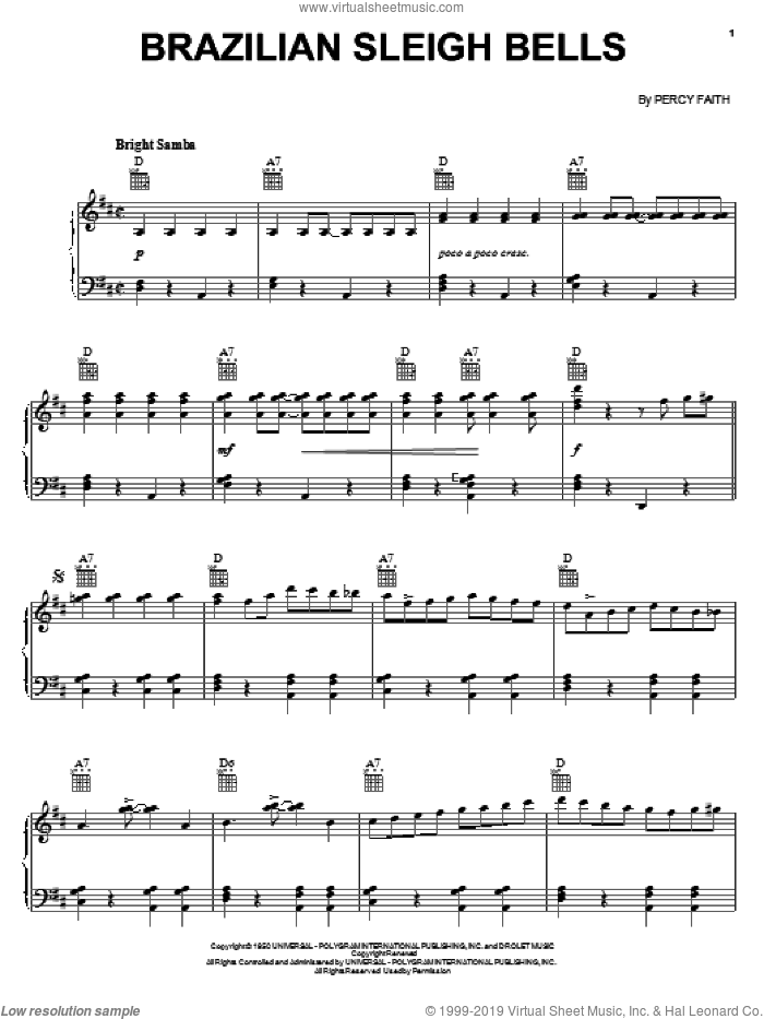 Brazilian Sleigh Bells sheet music for voice, piano or guitar by Percy Faith, intermediate skill level