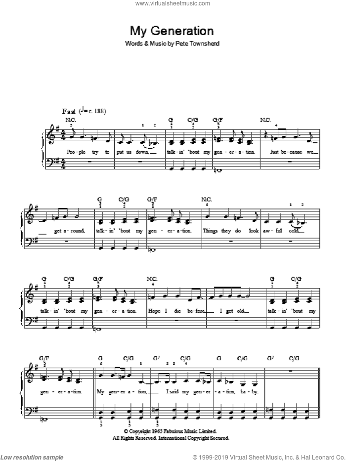 My Generation sheet music for piano solo by The Who and Pete Townshend, easy skill level