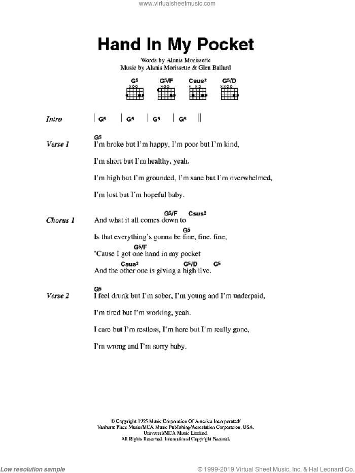 Hand In My Pocket sheet music for guitar (chords) by Alanis Morissette and Glen Ballard, intermediate skill level