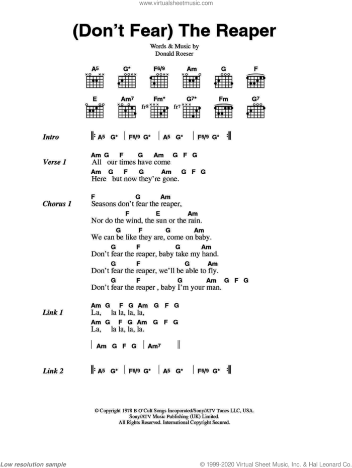 (Don't Fear) The Reaper sheet music for guitar (chords) by Blue Oyster Cult and Donald Roeser, intermediate skill level