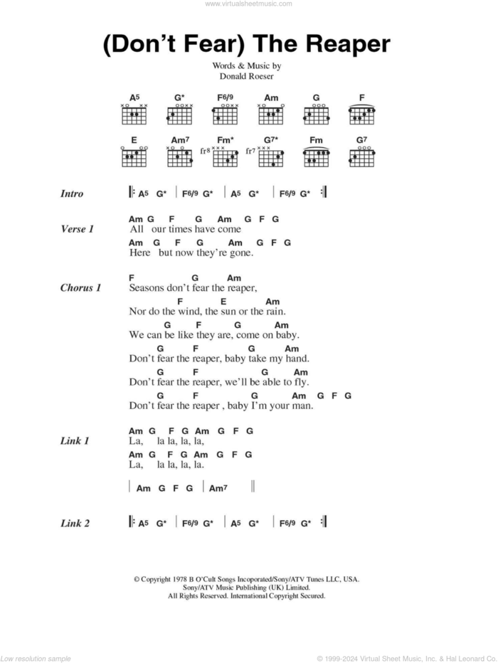 (Don't Fear) The Reaper sheet music for guitar (chords) by Blue Oyster Cult and Donald Roeser, intermediate skill level