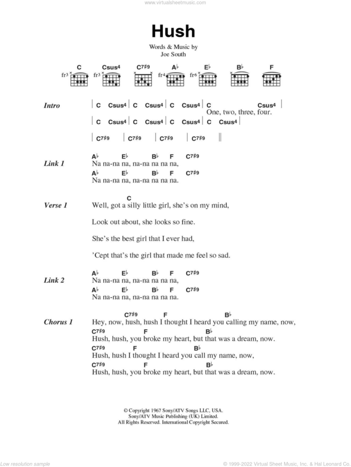 Hush sheet music for guitar (chords) by Kula Shaker and Joe South, intermediate skill level