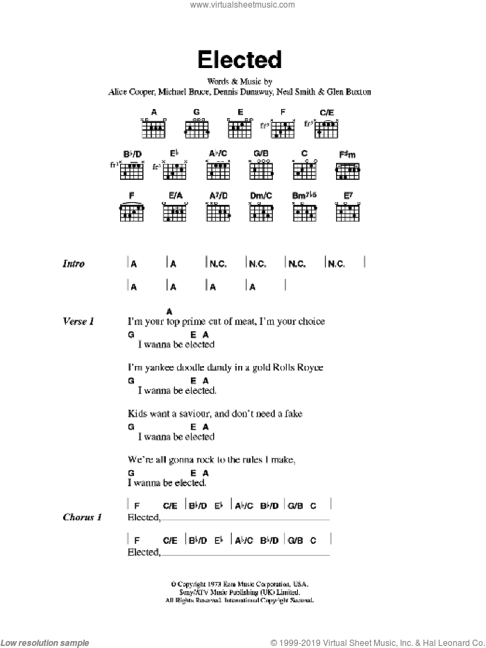 Elected sheet music for guitar (chords) by Alice Cooper, Dennis Dunaway, Glen Buxton, Michael Bruce and Neal Smith, intermediate skill level