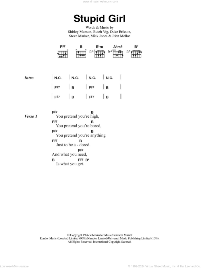 Stupid Girl sheet music for guitar (chords) by Garbage, Butch Vig, Duke Erikson, Shirley Manson and Steve Marker, intermediate skill level