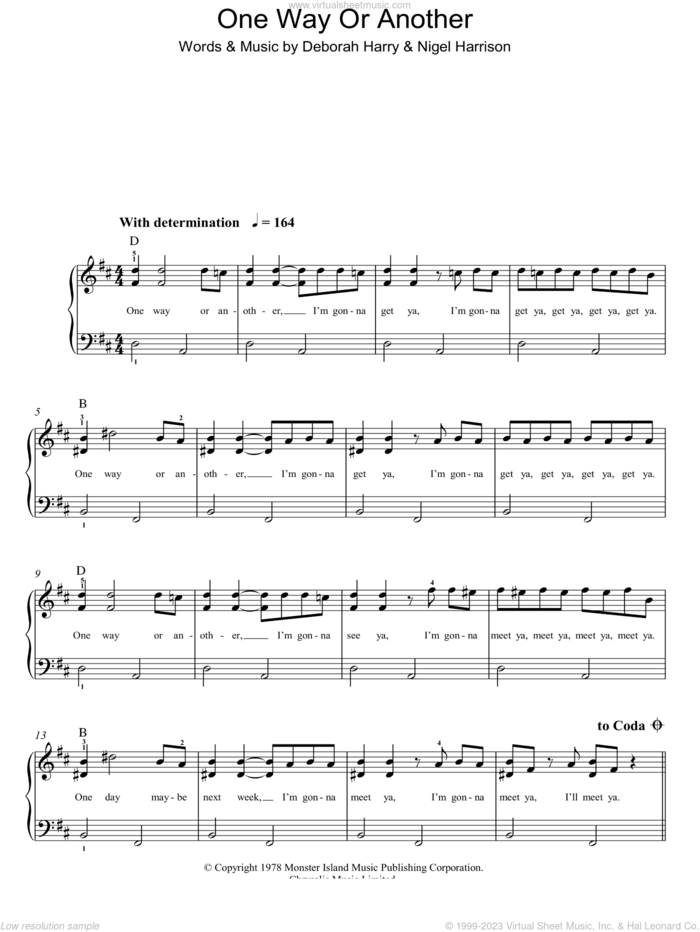 One Way Or Another sheet music for piano solo by Blondie, Deborah Harry and Nigel Harrison, easy skill level