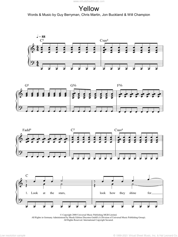 Yellow sheet music for piano solo by Coldplay, Chris Martin, Guy Berryman, Jon Buckland and Will Champion, easy skill level