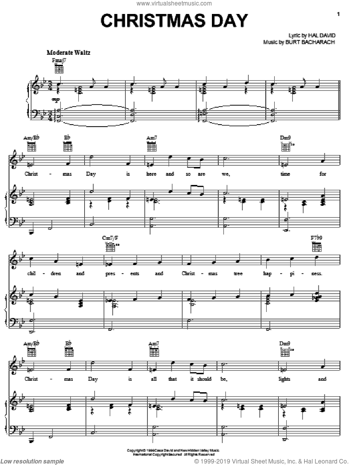 Christmas Day sheet music for voice, piano or guitar by Bacharach & David, Burt Bacharach and Hal David, intermediate skill level